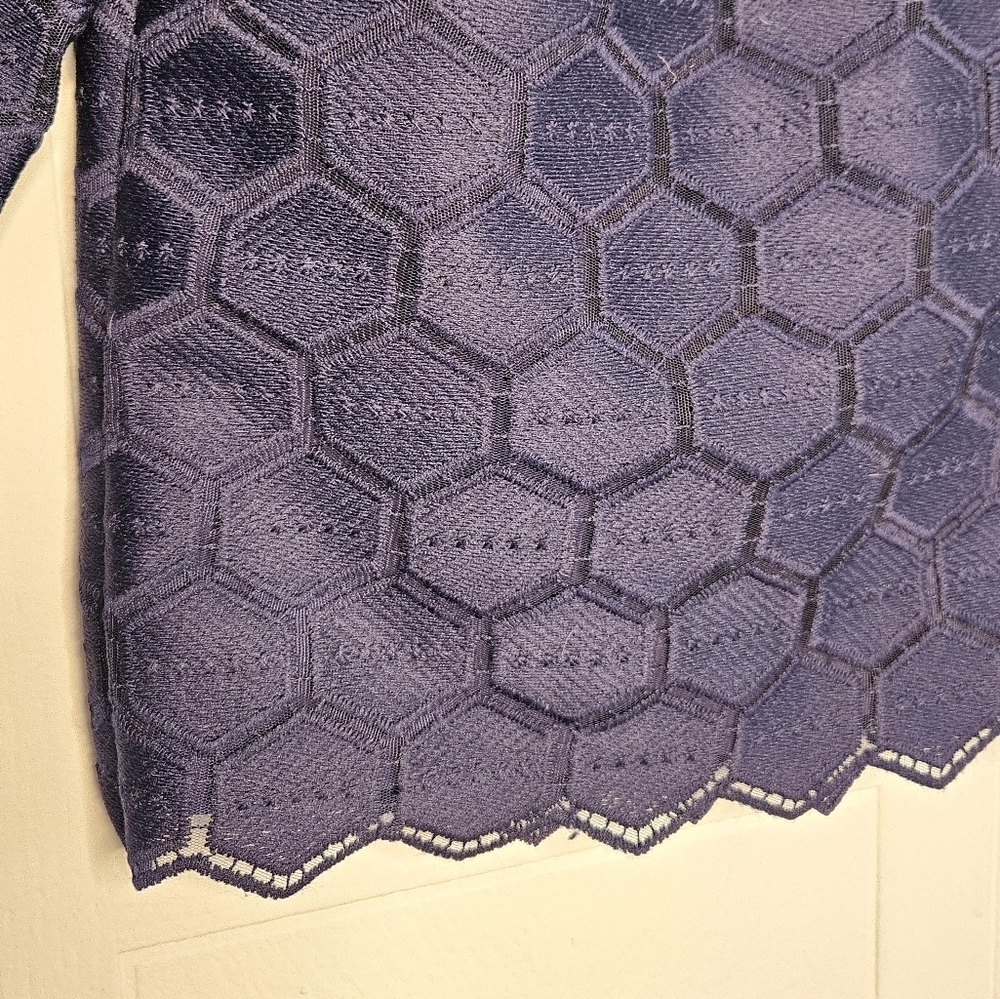Anne Klein Navy Hexagon Pattern Embroidered Top Round Neck Long Sleeve Sz 2 NWT - Picture 5 of 16